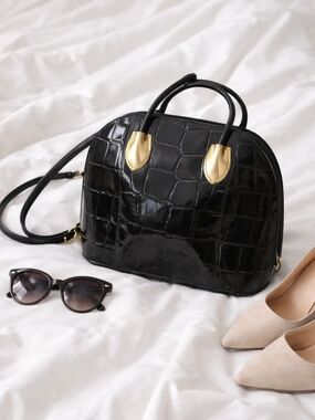 Vintage Black Croc Embossed Leather Dome Bag Structured Top Handle Purse